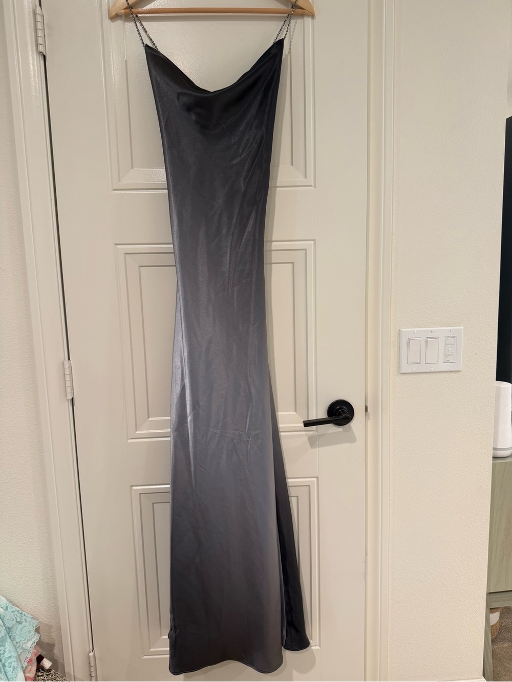 Elegant Grey Satin Slip Wedding Dress with Chain Straps
